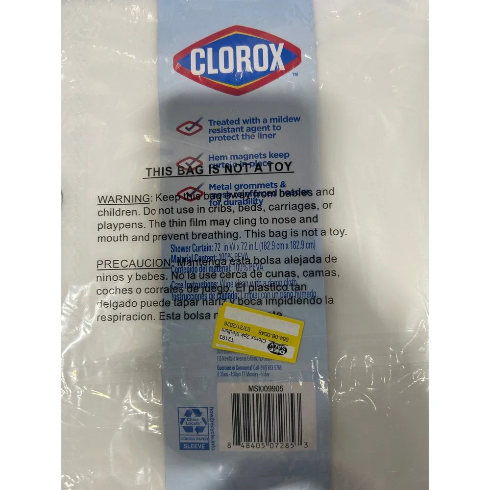 Clorox PEVA Shower Curtain Liner 2 Pack Frosty White 72x72 Mildew Resistant NEW